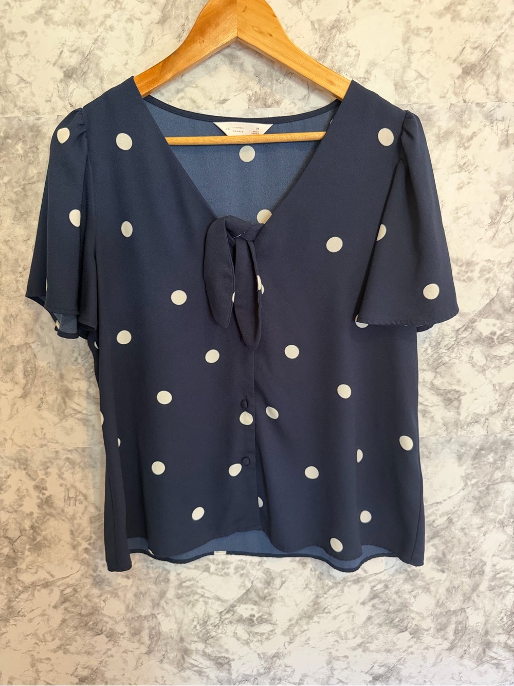 LC Lauren Conrad Navy and White Polka Dot Tie-Front Blouse